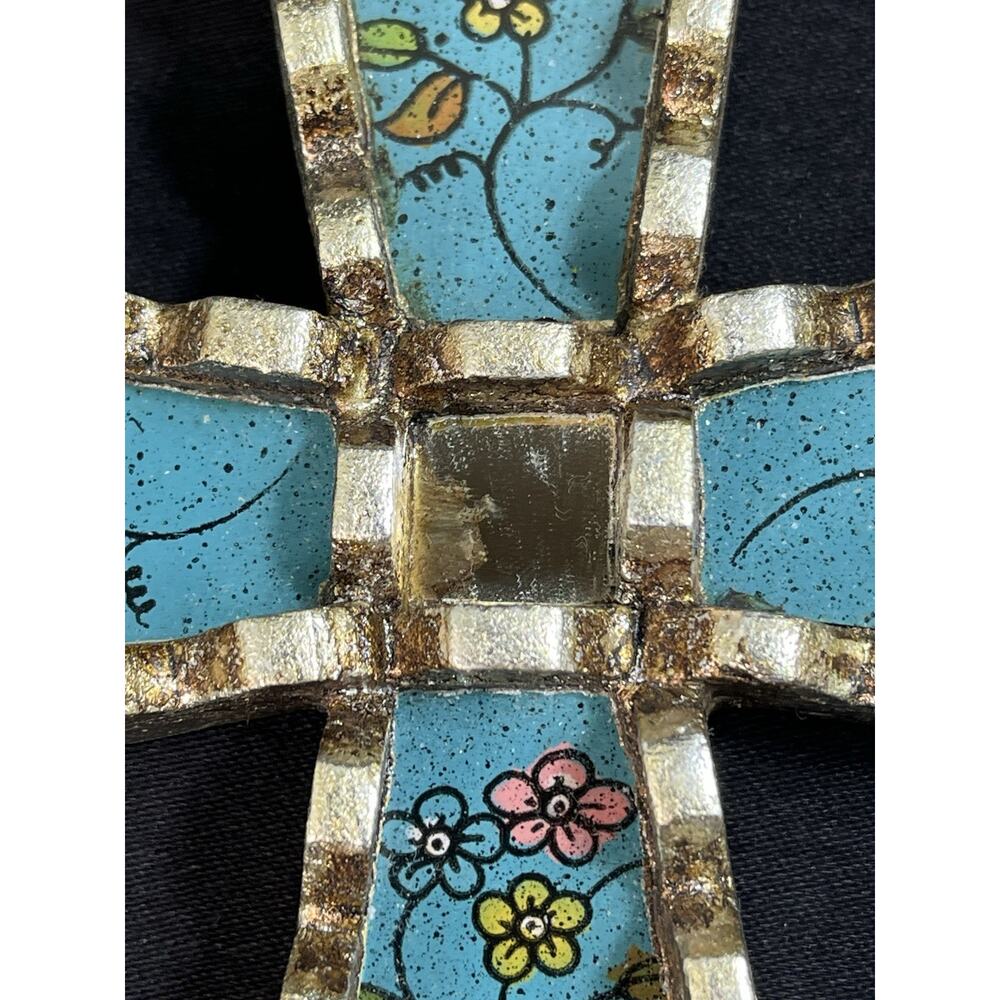 Peru Mohena Wood Cross w Mirror Reverse Painted Glass Artisan 5” X 6.5” Floral - Picture 8 of 8